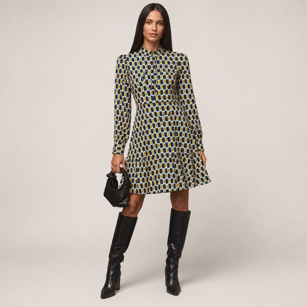 Beyond by Vera Geometric Checkered Fit & Flare Dress Blue Yellow Ruffle Large